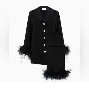 Black Tie Cropped Feather-Trim Pajama Set